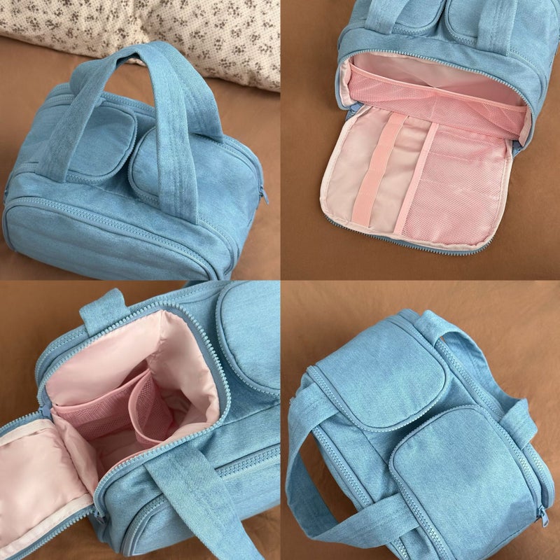 Denim Color Double Opening Cosmetic Bag Large Capacity Outgoing Women Portable Wash Bag Cosmetic Brush Partition Storage Bag - Image 4